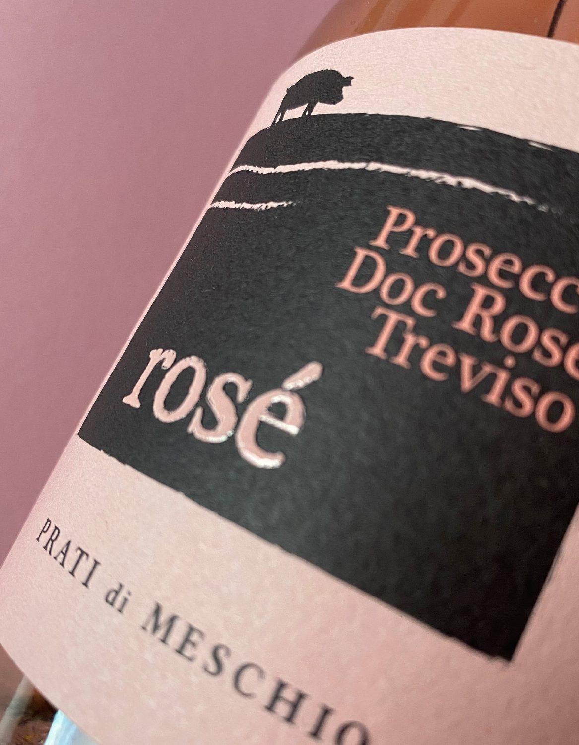 Dettaglio di una etichetta di vino Prosecco Rosé di color nero su fondo rosa antico